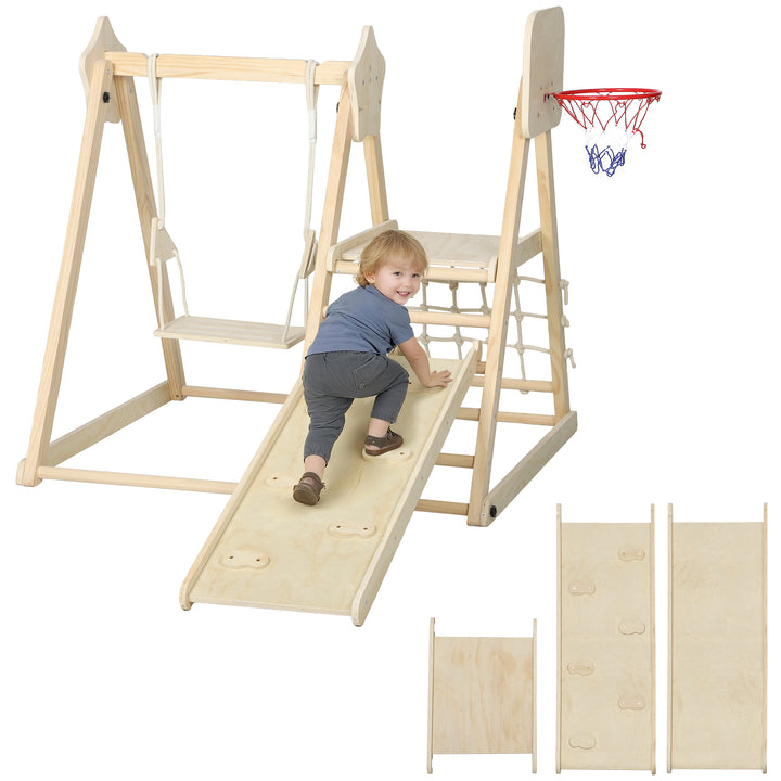 Escorrega Infantil 5 em 1 Estrutura de Escalada de Madeira com Escorrega Baloiço Cesto de Basquetebol Prancha Rede de Escalada Parque Dobrável para Crianças de 3-6 Anos 140x172,5x116,5 cm Madeira