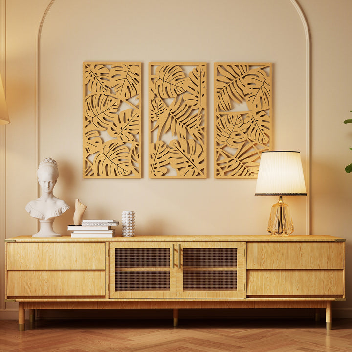 Decoração de Parede de Madeira 3D 3 Peças 40x80 cm Adornos de Parede com Padrão de Folhas Tropicais Arte Moderna para Sala Quarto Corredor Madeira Natural