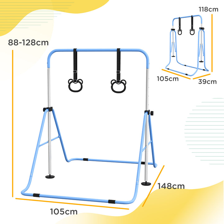 Barra de Ginástica para Crianças com Altura Ajustável em 5 Níveis e Anéis Barra de Treino de Ginástica Dobrável 148x105x88-128 cm Azul