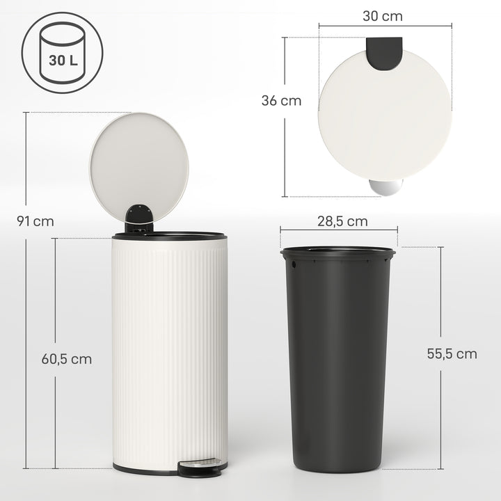 Balde do Lixo para Cozinha com Pedal 30L Cubo de Lixo Metálico com Tampa de Fecho Suave e Balde Removível para Quarto Escritório Estúdio e Sala 36x30x60,5 cm Creme