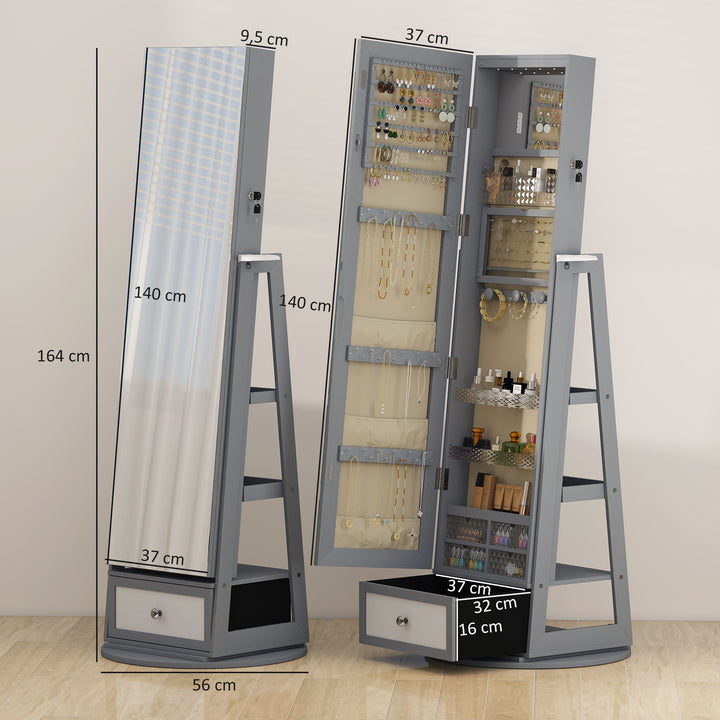 Espelho de Pé Giratório 360° com Espelho com Interior Iluminado Organizador de Jóias com Espelho de Corpo Inteiro Prateleiras e Gavetas para Quarto ou Closet 56x56x164 cm Cinza Claro