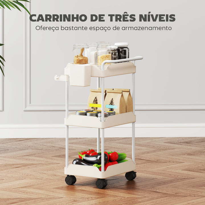 Carrinho Auxiliar com Rodas de 3 Níveis Carrinho de Cozinha com Cestos Extraíveis Rodas com Travão Suporte para Toalhas e Estrutura de Metal Carrinho de Serviço para Casa de Banho 42x42,5x76 cm Branco
