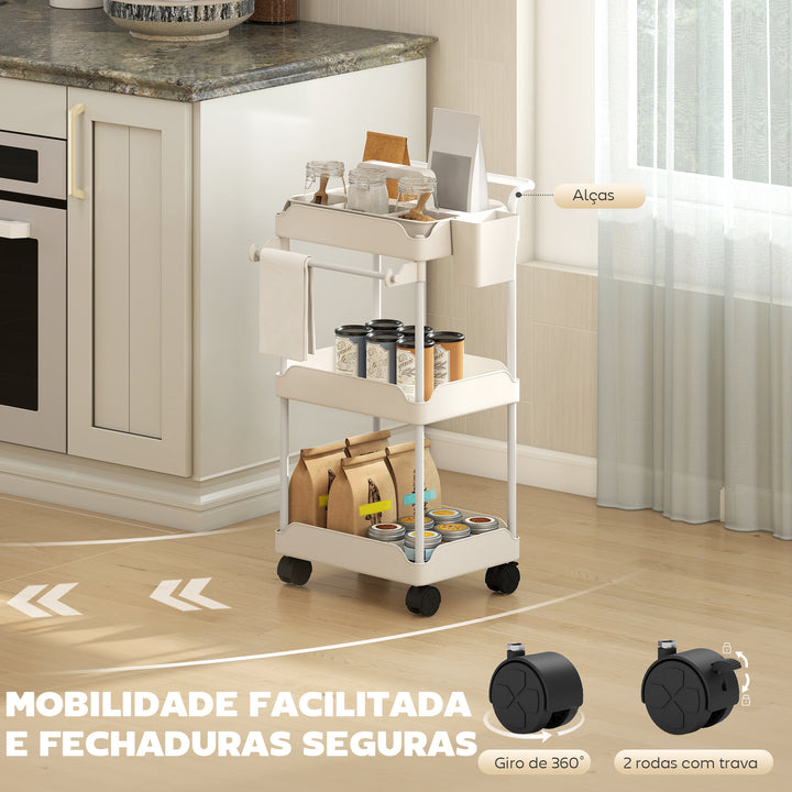 Carrinho Auxiliar com Rodas de 3 Níveis Carrinho de Cozinha com Cestos Extraíveis Rodas com Travão Suporte para Toalhas e Estrutura de Metal Carrinho de Serviço para Casa de Banho 42x42,5x76 cm Branco