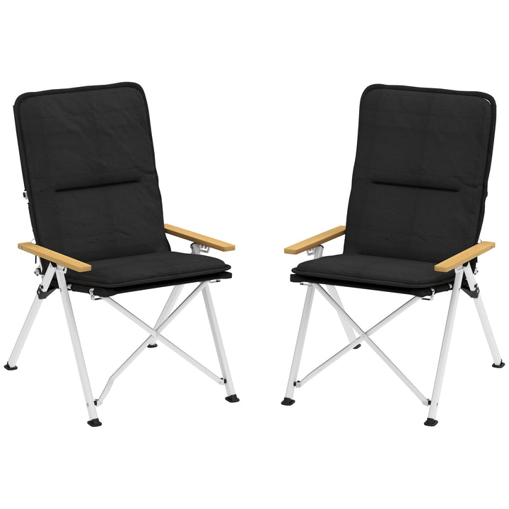 2 Cadeiras de Campismo Dobráveis de Alumínio Cadeiras de Jardim Portáteis com Encosto Alto Ajustável Apoios de Braços de Madeira e Bolsa de Transporte para Exterior 59x67x96 cm Preto