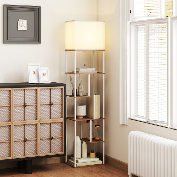 Candeeiro de Pé com Prateleiras Candeeiro de Sala com Brilho e Temperaturas de Cor Ajustáveis 3000K-6500K Controlo Remoto Casquilho E27 Temporizador para Quarto, Escritório Decoração 40x29x171 cm Branco e Madeira