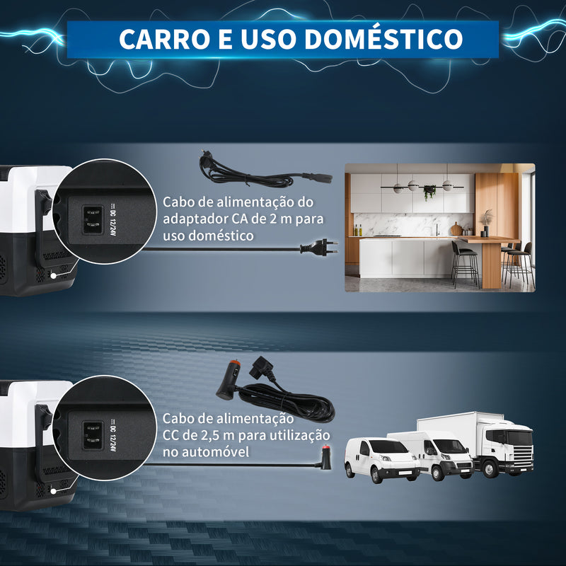 Geleira Elétrica de Compressor Portátil 30,5L para Carro -20? a 20? 12 / 24V CC e 100-240V AC com 2 Rodas Alças e Compartimento Congelador para Campismo Viagens 56,8x33x26,2 cm Preto