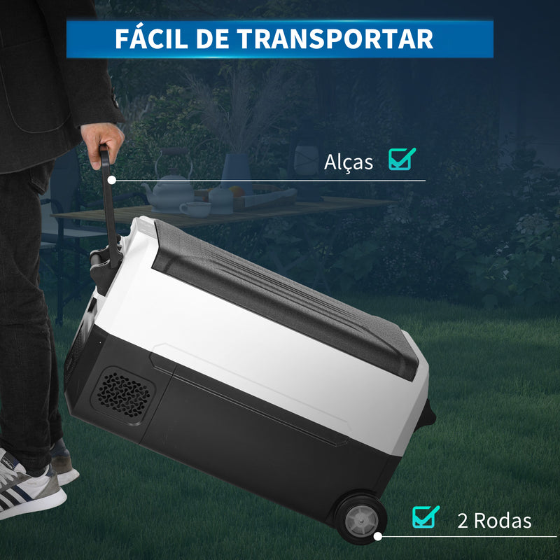 Geleira Elétrica de Compressor Portátil 30,5L para Carro -20? a 20? 12 / 24V CC e 100-240V AC com 2 Rodas Alças e Compartimento Congelador para Campismo Viagens 56,8x33x26,2 cm Preto