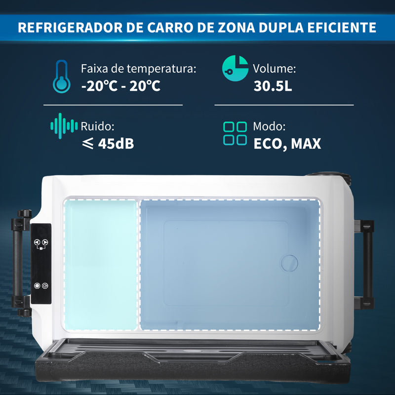 Geleira Elétrica de Compressor Portátil 30,5L para Carro -20? a 20? 12 / 24V CC e 100-240V AC com 2 Rodas Alças e Compartimento Congelador para Campismo Viagens 56,8x33x26,2 cm Preto