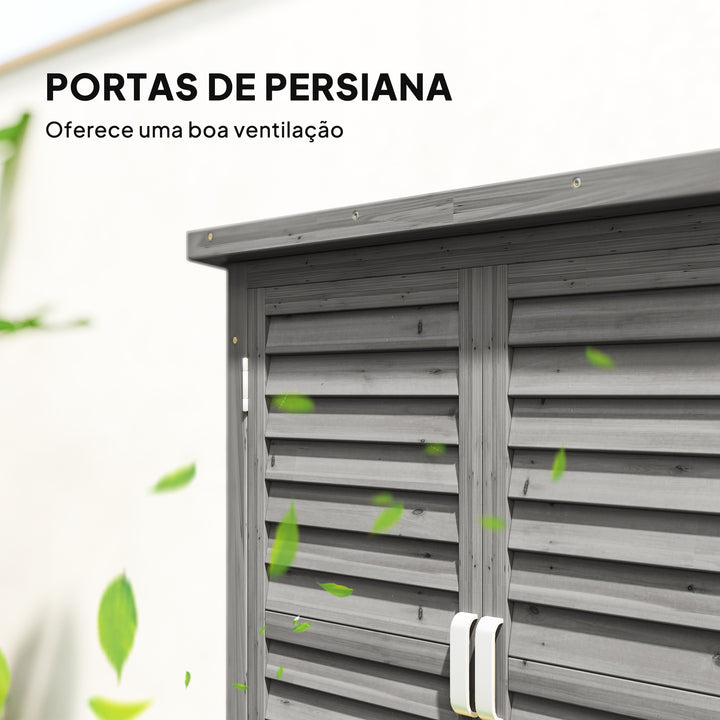 Armário de Armazenamento de Madeira para Jardim com 2 Prateleiras Interiores 2 Portas e Teto Inclinado para Exterior Terraço 87x46,5x96,5cm Cinza