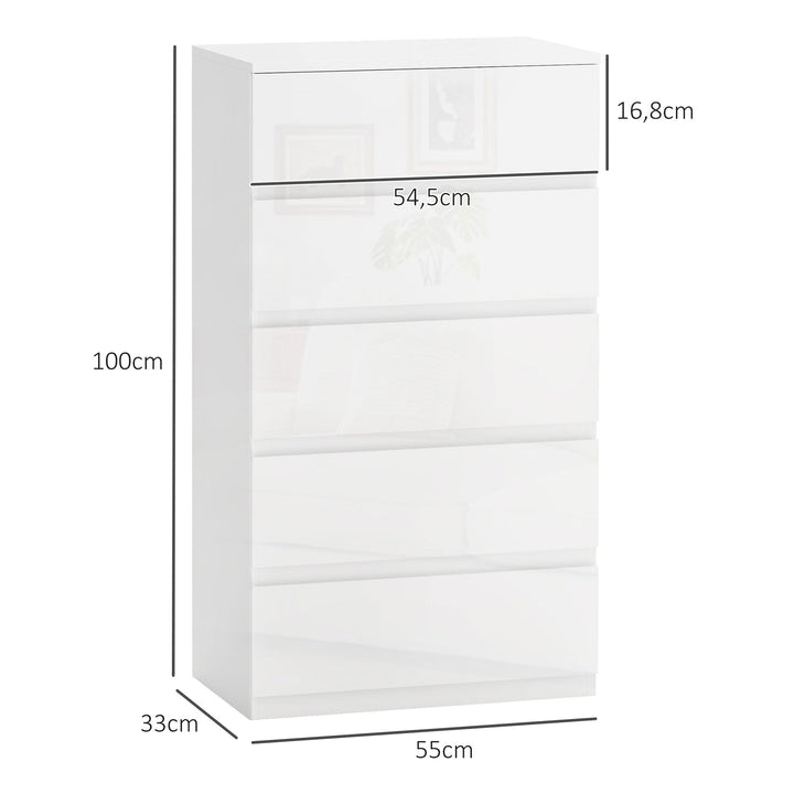 Cómoda com 5 Gavetas de Madeira Cómoda de Dormitório Cómoda Branca para Sala de Estar Estilo Moderno 55x33x100 cm Branco Brilhante