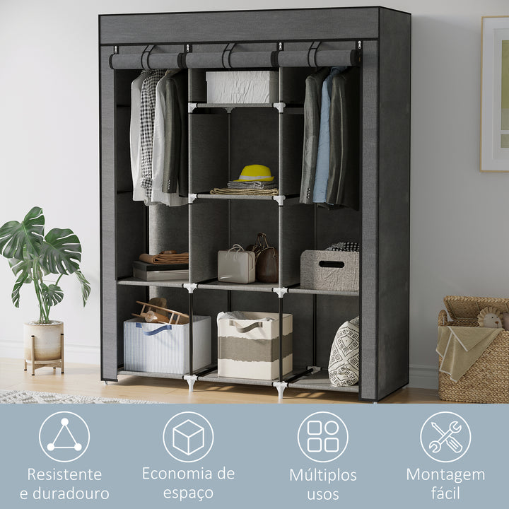 Roupeiro de Tecido Dobrável Armário Portátil com 8 Prateleiras de Armazenamento e 2 Barras de Pendurar Organizador de Roupa para Dormitório Vestidor 125x43x162,5 cm Cinzento