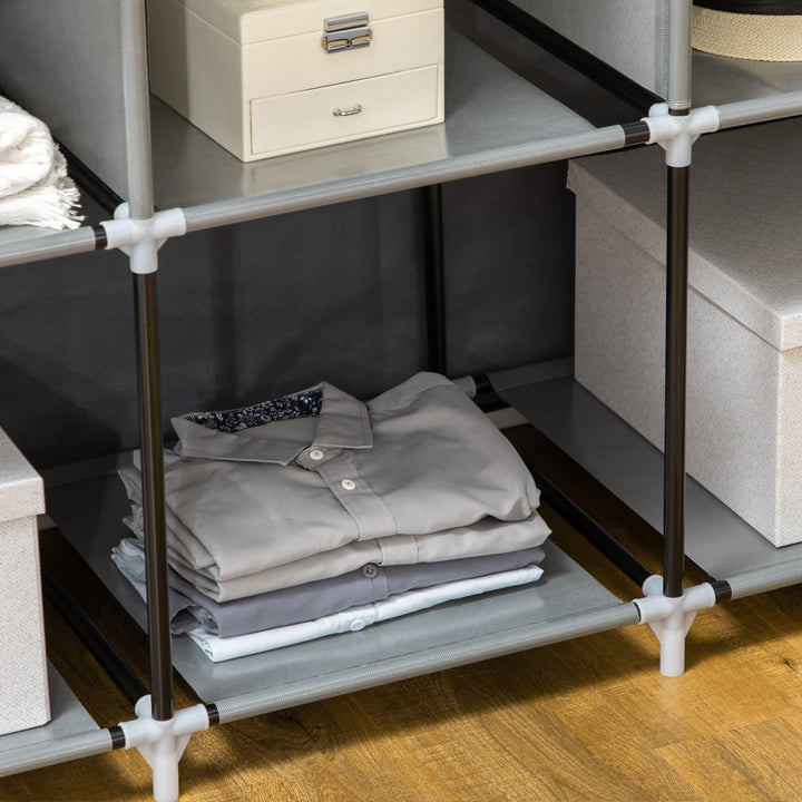 Roupeiro de Tecido Dobrável Armário Portátil com 8 Prateleiras de Armazenamento e 2 Barras de Pendurar Organizador de Roupa para Dormitório Vestidor 125x43x162,5 cm Cinzento