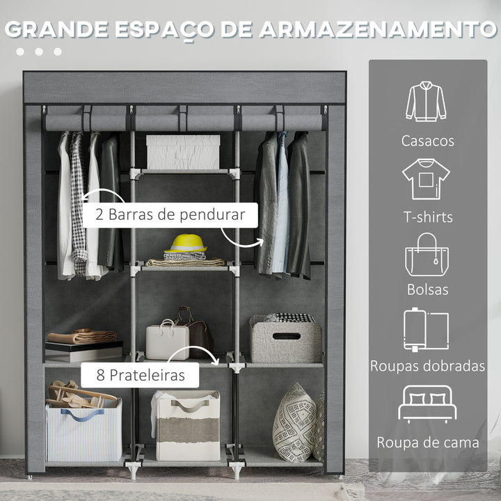 Roupeiro de Tecido Dobrável Armário Portátil com 8 Prateleiras de Armazenamento e 2 Barras de Pendurar Organizador de Roupa para Dormitório Vestidor 125x43x162,5 cm Cinzento