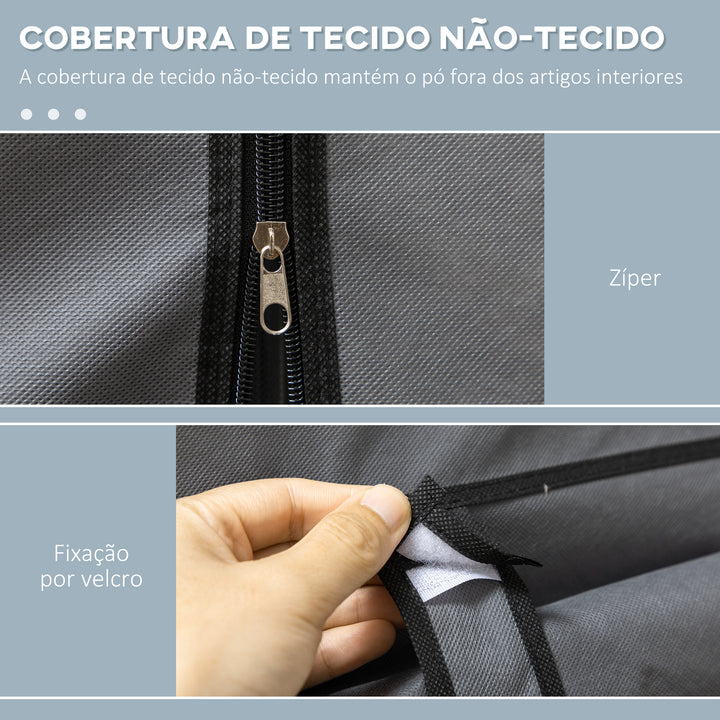 Roupeiro de Tecido Dobrável Armário Portátil com 8 Prateleiras de Armazenamento e 2 Barras de Pendurar Organizador de Roupa para Dormitório Vestidor 125x43x162,5 cm Cinzento