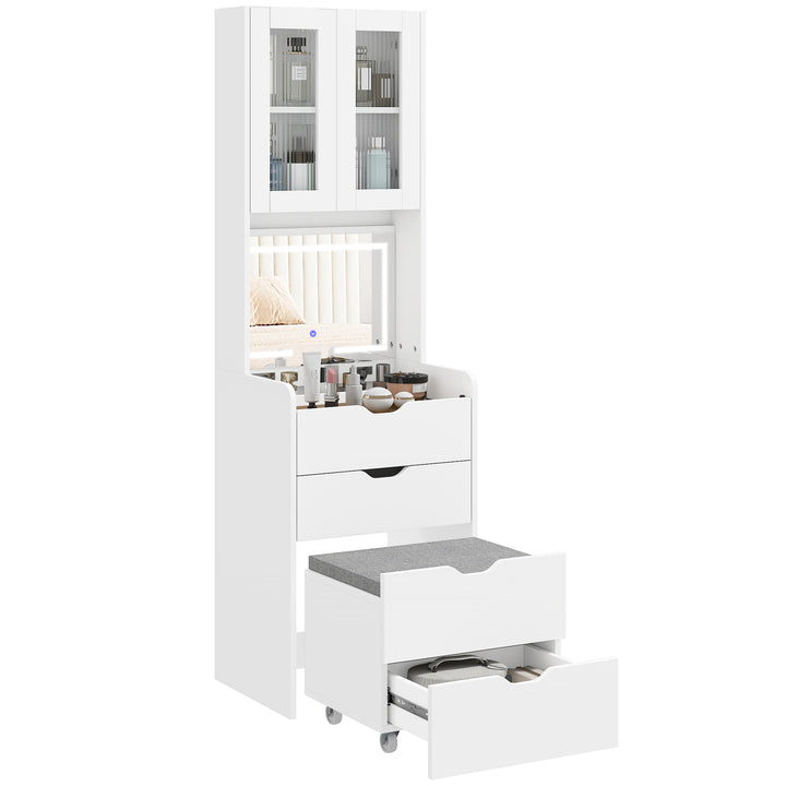 Toucador de Maquilhagem com Luzes LED de 3 Cores Espelho Rebatível e Banco Acolchoado Mesa de Maquilhagem de Vidro Visível com 3 Gavetas e Prateleiras para Espaços Reduzidos 50x40x160 cm Branco