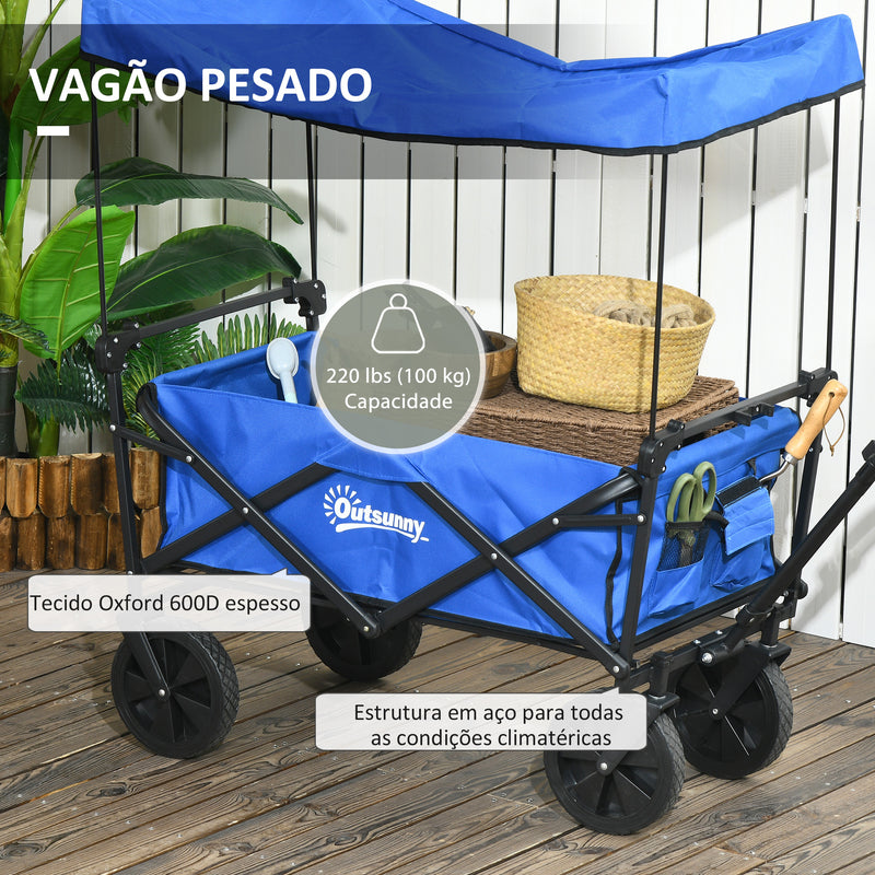 Carrinho de Transporte com Toldo Removível Carrinho Dobrável com Alça Ajustável e Bolsa de Transporte Capacidade 100 kg para Campismo Praia 97x52x105 cm Azul