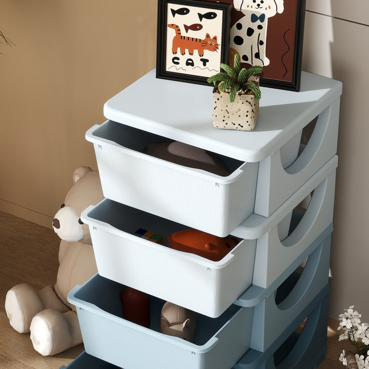 Organizador de Brinquedos com 4 Gavetas Torre de Arrumação para Crianças +3 Anos Cantos Arredondados e Pegas para Creche Sala de Brincar Quarto 37x37x76 cm Azul