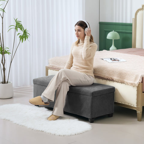 Banco de Arrumação Banco com Armazenamento Capacidade de 84 L 112x42x40 cm Estofado em Veludo Banco Pé de Cama para Dormitório Cinzento