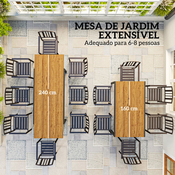 Mesa de Jardim Extensível Mesa de Jantar Exterior Ajustável 160-240 cm com Bordas de Alumínio Carga 70 kg Mesa Retangular para 6-8 Pessoas para Pátio Terraço Castanho