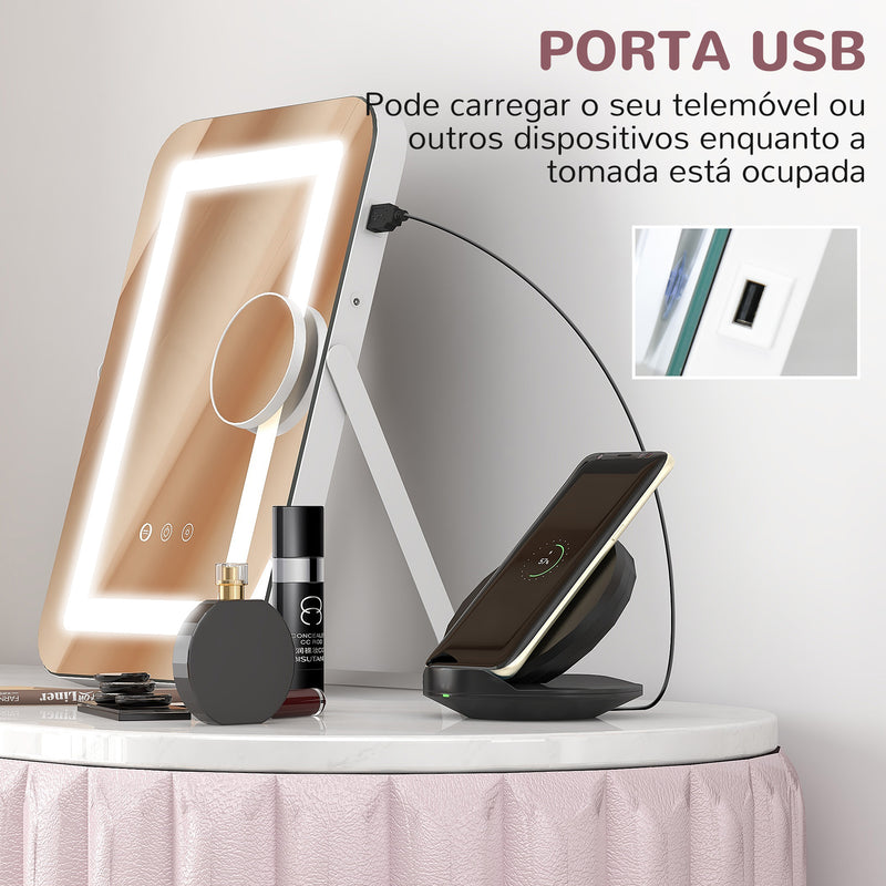 Espelho de Maquilhagem com Luzes Espelho de Toucador Giratório 30x40 cm com 3 Modos de Iluminação Ajustáveis Interruptor Tátil Espelho com Entrada USB Branco