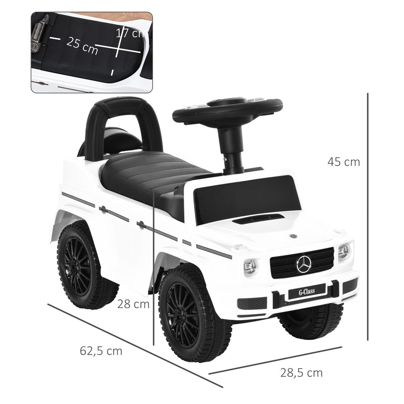 Carro Andador para Bebés de 12 a 36 Meses Carro Andador com Licença Mercedes G350 com Compartimento de Arrumação e Volante Carga 25 kg 62,5x28,5x45 cm Branco