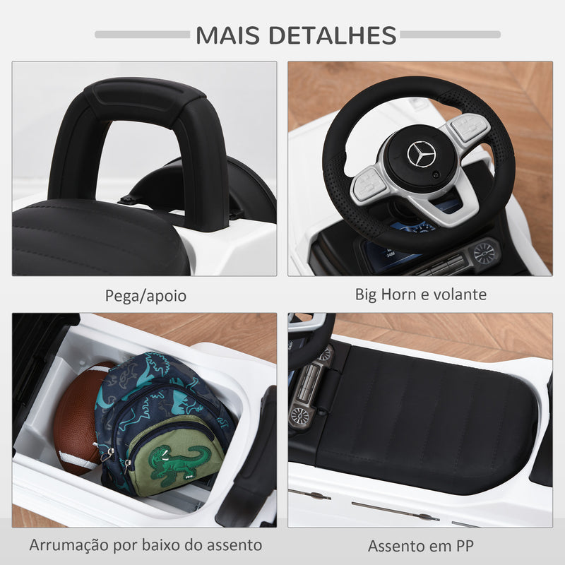 Carro Andador para Bebés de 12 a 36 Meses Carro Andador com Licença Mercedes G350 com Compartimento de Arrumação e Volante Carga 25 kg 62,5x28,5x45 cm Branco