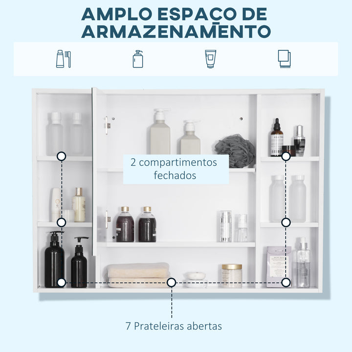 Armário de Casa de Banho com Espelho Armário de Parede Móvel de Casa de Banho Suspenso com Porta Prateleiras Abertas 100x15x70 cm Branco