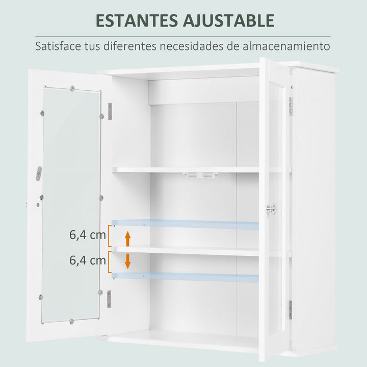 Kleanklin Armário Casa de Banho de Parede com 2 Portas de Cristal Armário Suspenso com Prateleiras Ajustáveis em Altura Multiuso para Cozinhas Sala de Estar 55x20x65cm Branco