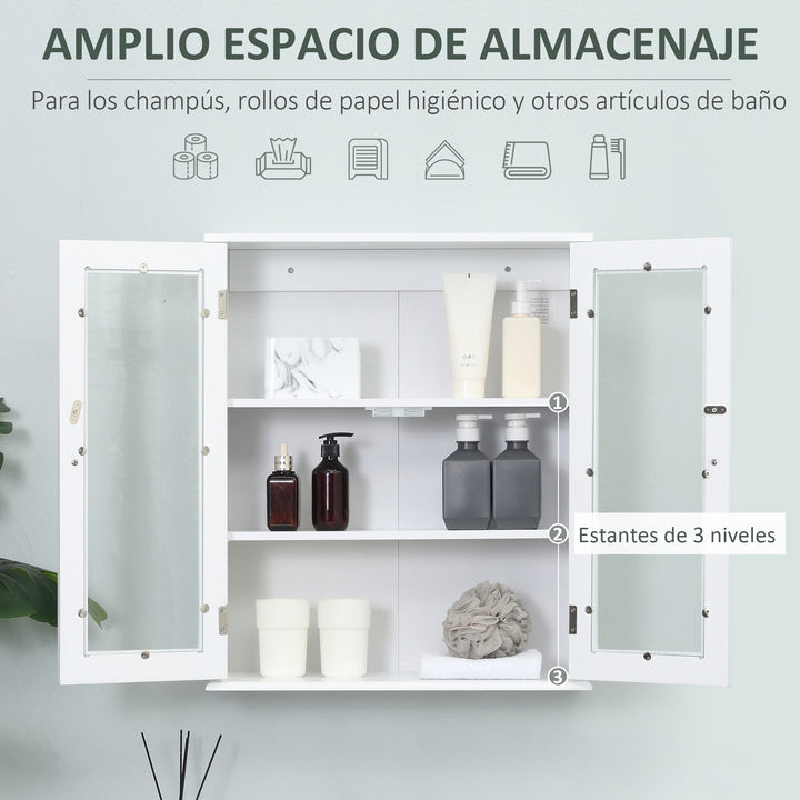 Kleanklin Armário Casa de Banho de Parede com 2 Portas de Cristal Armário Suspenso com Prateleiras Ajustáveis em Altura Multiuso para Cozinhas Sala de Estar 55x20x65cm Branco