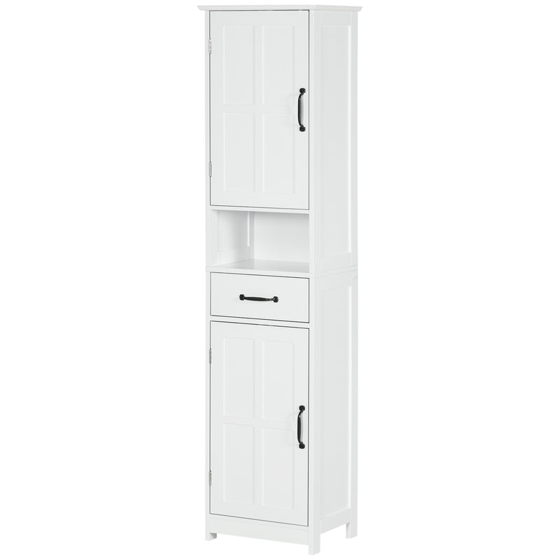 Coluna de Casa de Banho Móvel Auxiliar de Casa de Banho com 2 Portas 1 Gaveta Prateleira Aberta e Prateleiras Ajustáveis 40x30x164 cm Branco