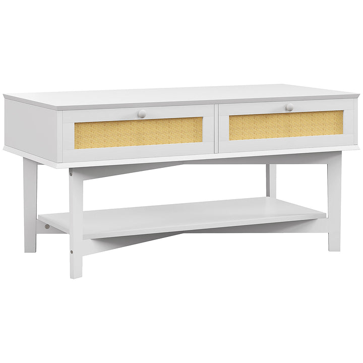 Mesa de Centro com 2 Gavetas Decorativas de Vime e Prateleira de Armazenamento Inferior para Sala de Estar Escritório Carga 50 kg 100x50x50 cm Branco