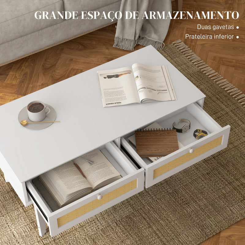 Mesa de Centro com 2 Gavetas Decorativas de Vime e Prateleira de Armazenamento Inferior para Sala de Estar Escritório Carga 50 kg 100x50x50 cm Branco