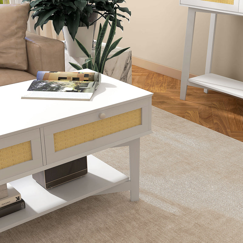 Mesa de Centro com 2 Gavetas Decorativas de Vime e Prateleira de Armazenamento Inferior para Sala de Estar Escritório Carga 50 kg 100x50x50 cm Branco