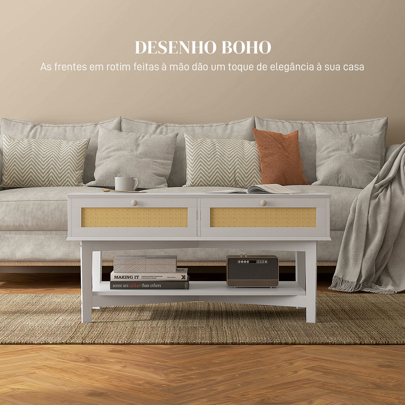 Mesa de Centro com 2 Gavetas Decorativas de Vime e Prateleira de Armazenamento Inferior para Sala de Estar Escritório Carga 50 kg 100x50x50 cm Branco