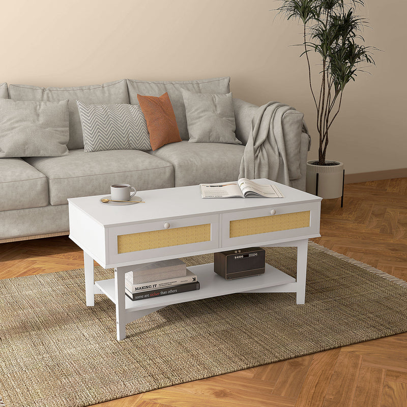 Mesa de Centro com 2 Gavetas Decorativas de Vime e Prateleira de Armazenamento Inferior para Sala de Estar Escritório Carga 50 kg 100x50x50 cm Branco