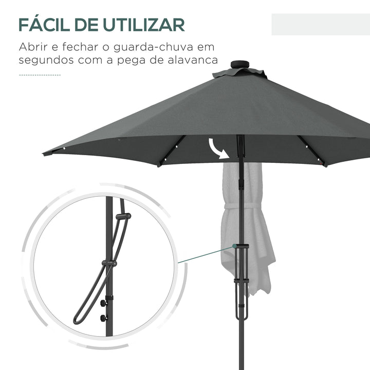 Chapéu de Sol Excêntrico de 3 m com Luzes LED Chapéu de Sol de Jardim com Manivela e Base em Cruz para Exterior Pátio Terraço Cinza Escuro
