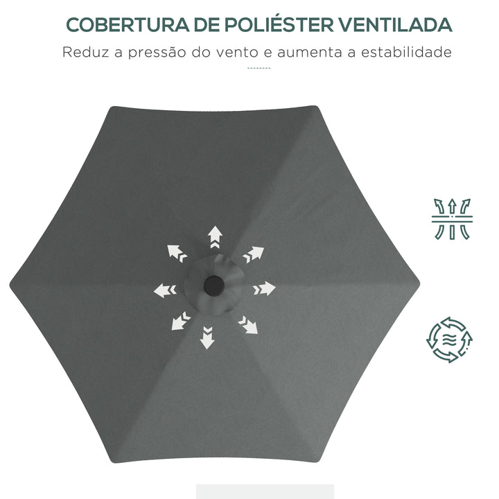Chapéu de Sol Excêntrico de 3 m com Luzes LED Chapéu de Sol de Jardim com Manivela e Base em Cruz para Exterior Pátio Terraço Cinza Escuro