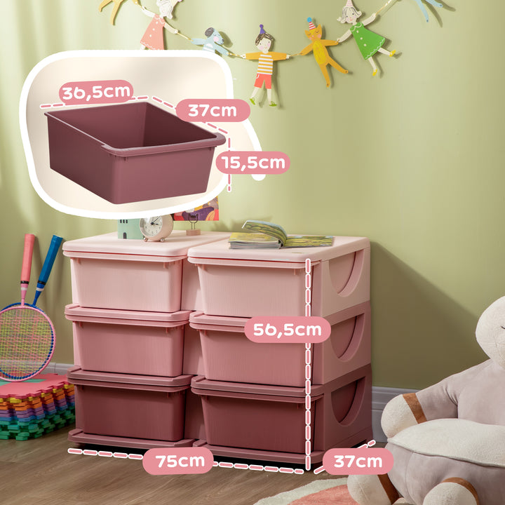 Organizador de Brinquedos com 6 Gavetas Gavetas de Arrumação para Crianças acima de 3 Anos com Bordas Arredondadas e Pegas para Sala de Jogos Quarto 75x37x56,5 cm Rosa