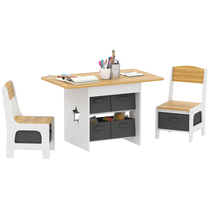 Mesa Infantil com 2 Cadeiras Mesa e Cadeiras para Crianças com 6 Gavetas de Tecido Desenho Estrelas para Meninos e Meninas de 3-8 Anos para Casa Escola Infantil Salas de Aula Madeira e Branco