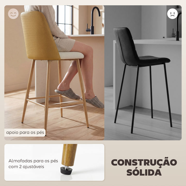 Conjunto de 2 Bancos de Bar Bancos Altos de Cozinha com Encosto e Descanso para os Pés Revestidos em Linho e PU, Estrutura de Aço Assento com 65 cm de Altura para Balcão, Sala de Jantar Castanho