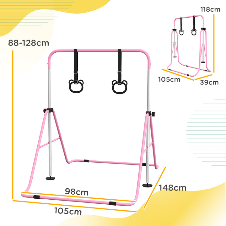 Barra de Ginástica para Crianças com Altura Ajustável em 5 Níveis e Anéis Barra de Treino de Ginástica Dobrável 148x105x88-128 cm Rosa