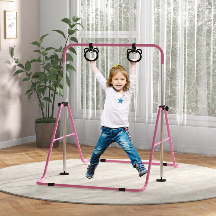 Barra de Ginástica para Crianças com Altura Ajustável em 5 Níveis e Anéis Barra de Treino de Ginástica Dobrável 148x105x88-128 cm Rosa