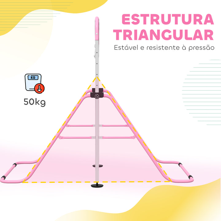 Barra de Ginástica para Crianças com Altura Ajustável em 5 Níveis e Anéis Barra de Treino de Ginástica Dobrável 148x105x88-128 cm Rosa