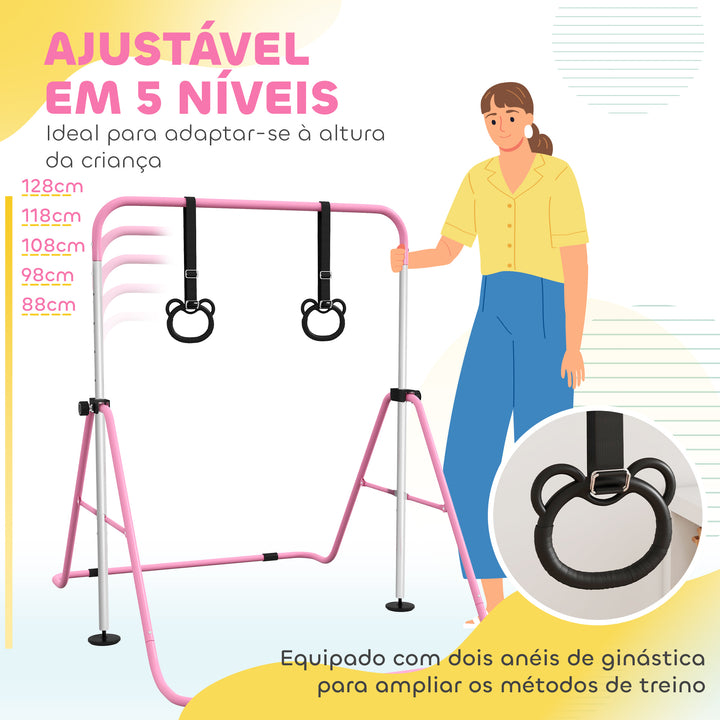 Barra de Ginástica para Crianças com Altura Ajustável em 5 Níveis e Anéis Barra de Treino de Ginástica Dobrável 148x105x88-128 cm Rosa
