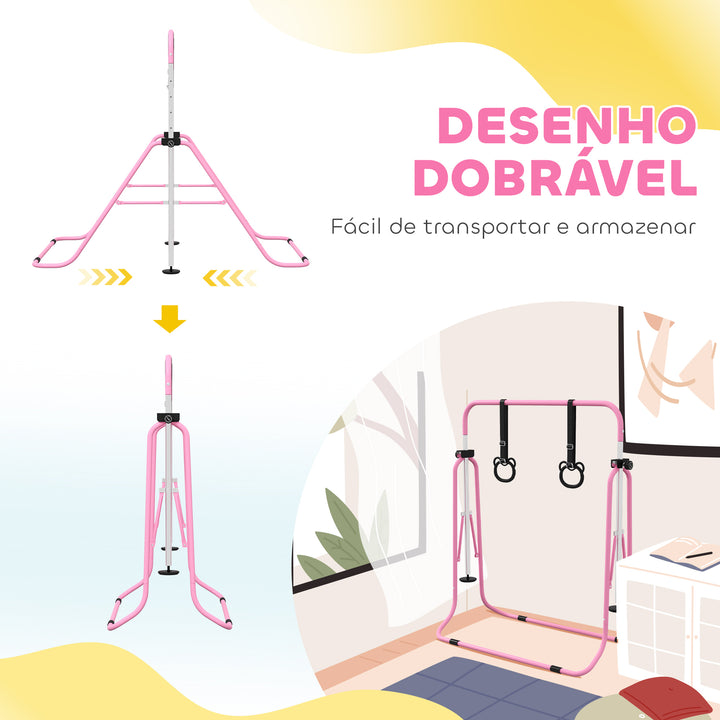 Barra de Ginástica para Crianças com Altura Ajustável em 5 Níveis e Anéis Barra de Treino de Ginástica Dobrável 148x105x88-128 cm Rosa