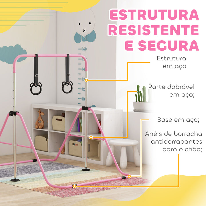 Barra de Ginástica para Crianças com Altura Ajustável em 5 Níveis e Anéis Barra de Treino de Ginástica Dobrável 148x105x88-128 cm Rosa
