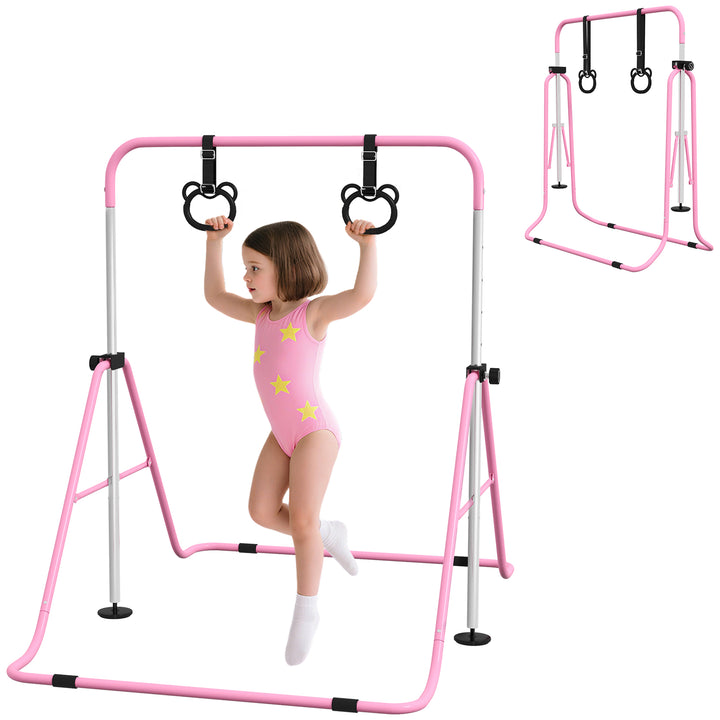 Barra de Ginástica para Crianças com Altura Ajustável em 5 Níveis e Anéis Barra de Treino de Ginástica Dobrável 148x105x88-128 cm Rosa