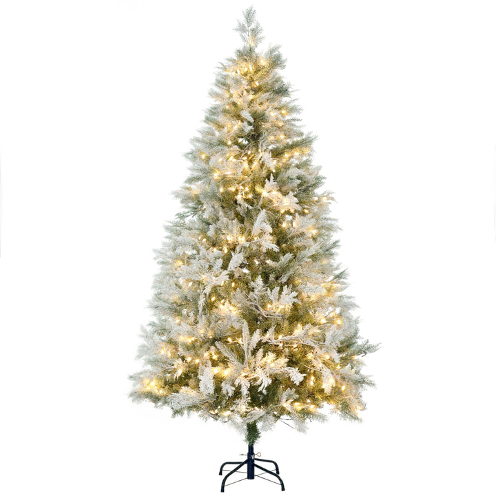 Árvore de Natal Artificial 180 cm com 300 Luzes LED Brancas Quente Árvore de Natal Nevada com 577 Ramos e Base Dobrável Decoração de Natal para Interior Verde