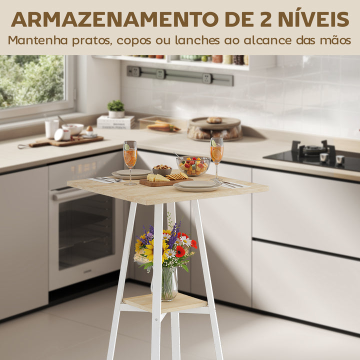Mesa Alta de Cozinha Quadrada com Prateleira Mesa Alta de Bar para 2 Pessoas Pernas de Metal 55x55x95 cm Madeira e Branco