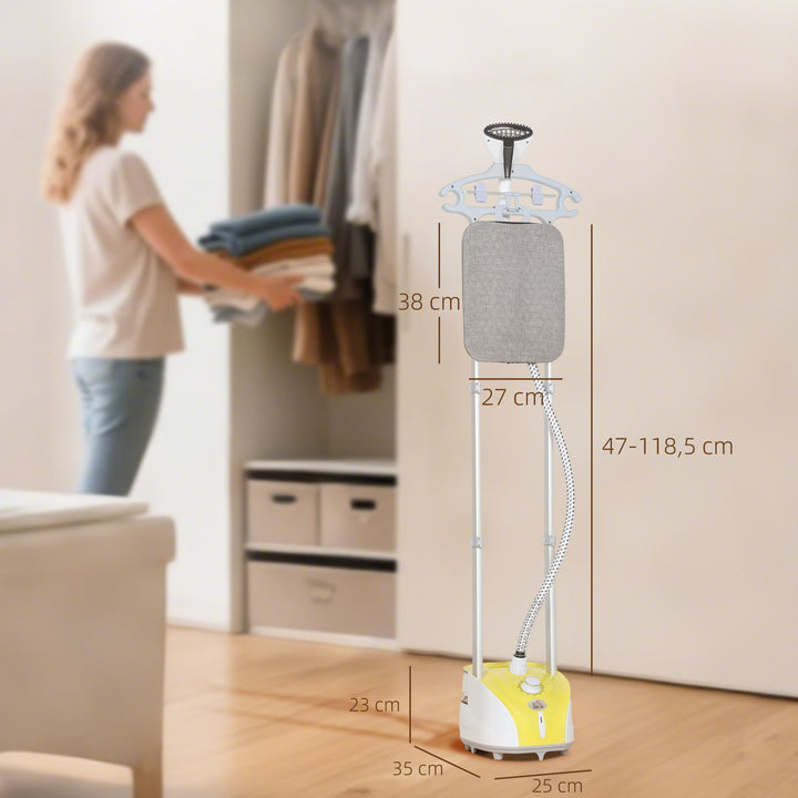Ferro de Engomar a Vapor para Roupa 1800W Temperatura Ajustável em 11 Níveis Ferro de Engomar Vertical com Barra Dupla Depósito de 2 L Aquecimento em 38s 35x25x47-118,5 cm Amarelo